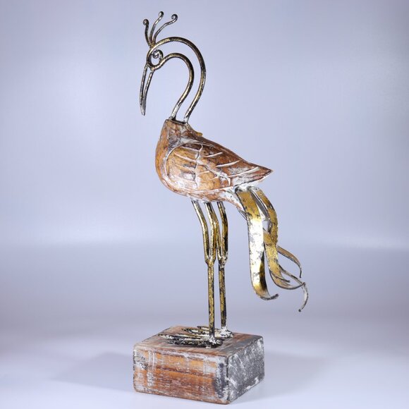 Wood & Metal Bird Peacock (?) Wood Base Figurine Decor Handmade 14" Height. - Picture 2 of 8